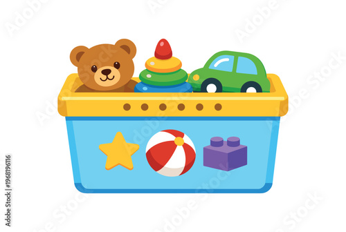 Toy box icon. children's storage, toys in container, teddy bear, car, stacking rings, ball, building block, nursery and playroom organization. flat vector illustration isolated on white background.