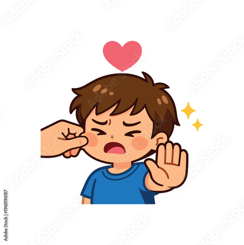 Child saying stop to a punch, refusing physical aggression, anti-bullying and consent message. hand raised, protection, safe boundaries, respect, peaceful behavior. flat vector illustration isolated 