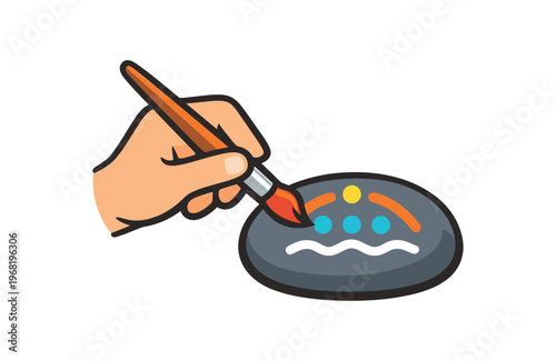 Hand painting a decorative stone with a brush. rock painting, pebble art, dots and patterns, acrylic paint, craft hobby. flat vector illustration isolated on white background.