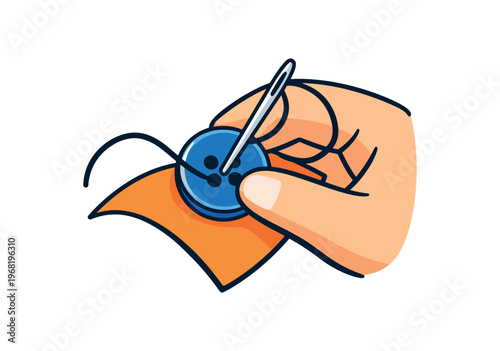 Hand sewing a blue button onto orange fabric with needle and thread. sewing, needlework, tailoring, garment repair, textile craft. flat vector illustration isolated on white background.