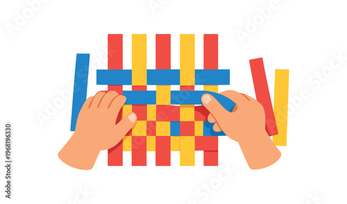 Hands weaving colorful paper strips into a simple woven mat. paper weaving, craft activity, basketry practice, pattern making, kids art. flat vector illustration isolated on white background.