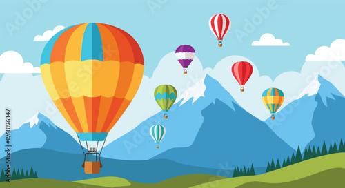 Vibrant hot air balloons ascend gracefully over a picturesque mountainous landscape with rolling green hills and puffy clouds, perfect for travel promotions and serene outdoor themed