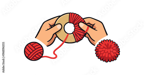 Hands wrapping red yarn around cardboard pompom maker. yarn, wool, pompom, ball, crafting, knitting accessory, decorative pom. flat vector illustration isolated on white background.