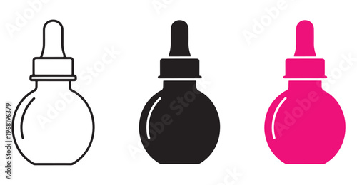 Vector illustration of dropper bottles in black, pink, and outline