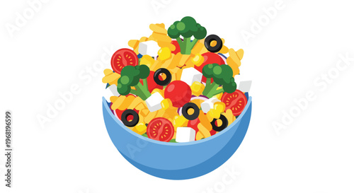 A visually appealing and wholesome pasta salad featuring a colorful medley of fresh ingredients like broccoli, tomatoes, olives, corn, and cheese,