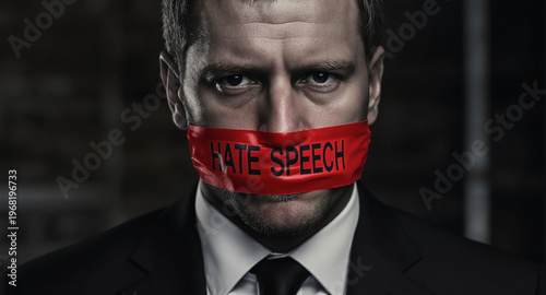 Man With Red Tape Over Mouth Showing Hate Speech Message For Censorship And Social Media Rules Image