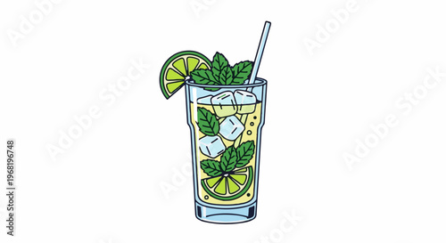 Tall glass filled with iced drink, lime slices, and mint leaves