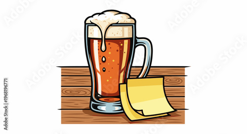 Tall glass mug filled with frothy beer on a wooden surface with a sticky note