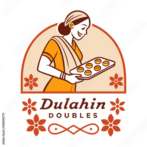 Create a colorful logo featuring a smiling woman in traditional attire (sari) holding a tray with small round sweets. Below the woman, add stylized flower icons in a row. Use warm colors like orange a