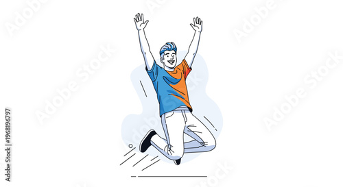 A cheerful young man jumps high with arms raised in celebration, conveying triumph, success, and pure joy for various positive marketing campaigns and energetic digital content.