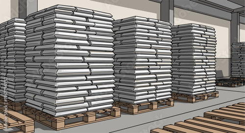 Tall stacks of bagged goods on wooden pallets inside a warehouse