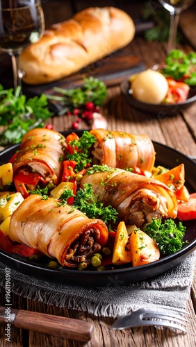 Close-up shot of a gourmet meal featuring stuffed meat rolls, colorful vegetables, and a rustic wooden table setting