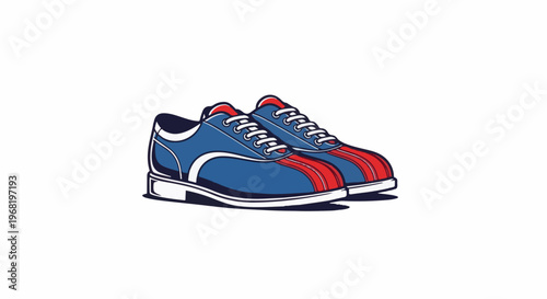 Stylized vintage bowling shoes in blue, red, and white