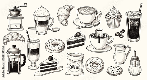 A complete collection of coffee and bakery items featuring various beverages and sweet treats, perfect for cafe menus, food service promotions, or breakfast advertising.