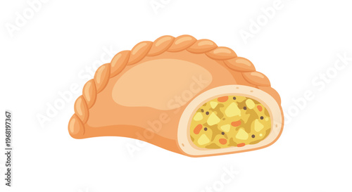 A delectable illustration of a freshly prepared pastry, featuring a golden-brown crimped crust and a savory interior bursting with vibrant vegetable