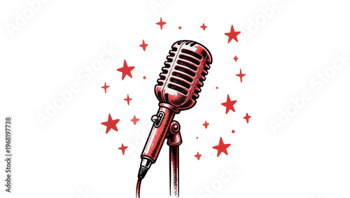 Принти на полотні Vintage microphone with a coiled cable emitting sparkling starbursts and red sta