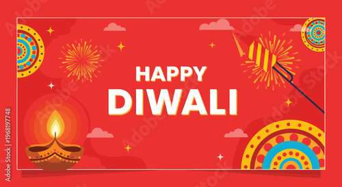 Vibrant Diwali greeting featuring traditional diya lamps and colorful firecrackers with festive rangoli patterns, perfect for holiday greetings, cultural event promotions, and digital media