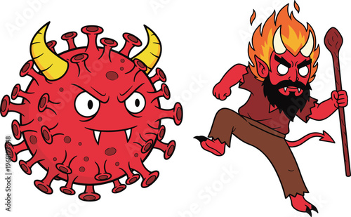 Cartoon Virus and Devil Character Vector Illustration Set Featuring Angry Germ Monster and Fire Demon Mascot Design Isolated on White Background