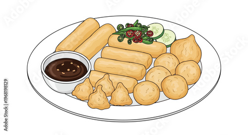 A vibrant illustration showcasing an authentic Indonesian street food platter featuring a variety of traditional savory snacks served with a rich,