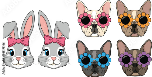 Cute Animal Faces with Accessories Vector Illustration Set Featuring Bunny Characters and French Bulldog Dogs Wearing Stylish Sunglasses and Bows