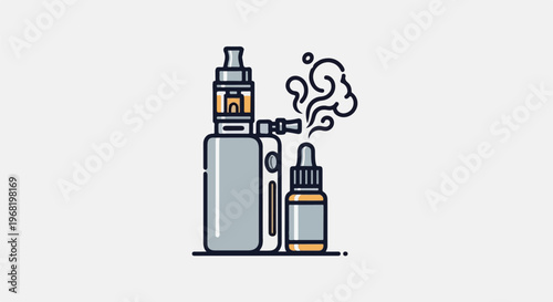 Stylized vape device and liquid bottle with wisps of vapor