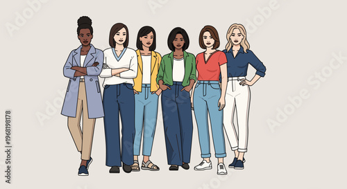 Diverse group of confident Black, Asian, and other women standing together representing a strong female team, perfect for corporate empowerment or community collaboration initiatives