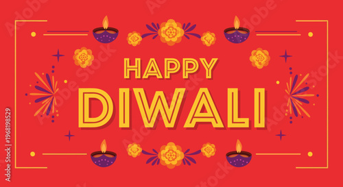 A vibrant Happy Diwali greeting in a festive flat vector style featuring traditional diya lamps and marigold flowers perfect for holiday celebrations and cultural event promotions