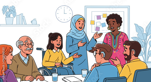A diverse and inclusive group of people, including an Arab woman, a Black woman, an elderly man, and a woman in a wheelchair, actively participate in a collaborative meeting, ideal for