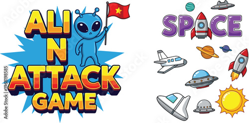 Alien Attack Game and Space Elements Vector Illustration Set Featuring UFO Rocket Planet Spaceship and Cartoon Alien Character for Kids Design