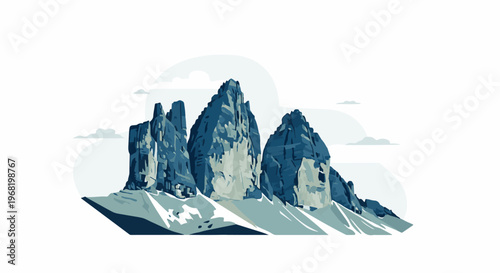 Stylized mountain peaks in shades of blue and grey, with clouds