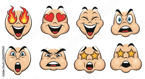 A collection of various expressive animated character faces showcasing different emotions like joy, anger, love, and awe, suitable for digital communication and application interfaces