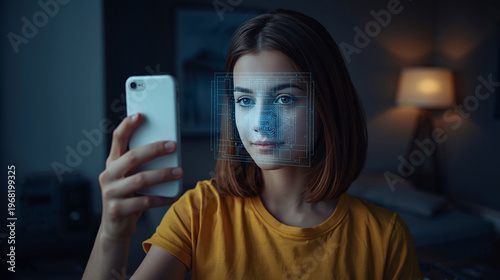 Young Woman Using Facial Recognition Technology On Smartphone For Biometric Security Scanning Image