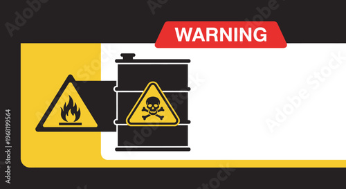 Chemical Hazard Warning Sign with Flammable and Toxic Barrel Symbol on Black Background