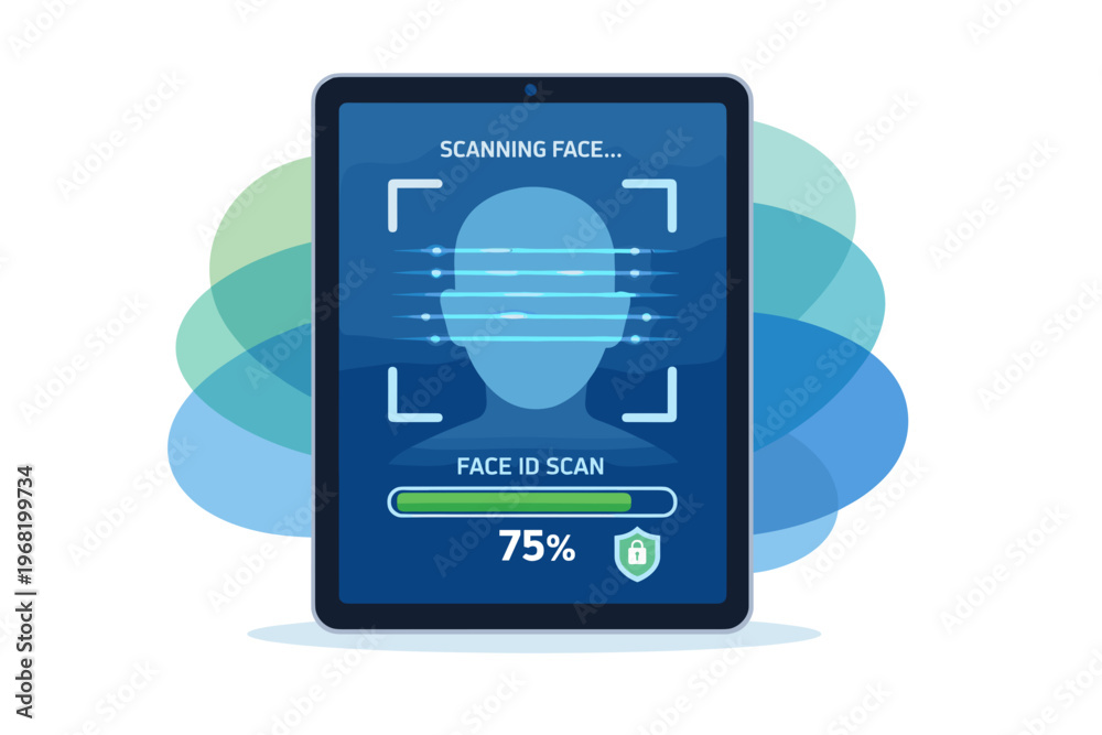Fototapeta premium Tablet displaying face recognition technology scanning a users face.