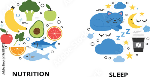 Healthy Lifestyle Vector Illustration Set Featuring Nutrition Foods and Sleep Elements with Fruits Fish Vegetables and Relaxing Night Icons