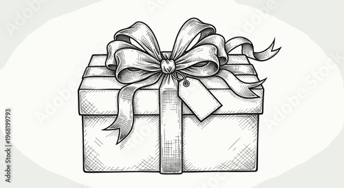 Hand drawn present box with a decorative ribbon bow and a blank gift tag perfect for holiday greetings, birthday invitations, or special occasion marketing materials