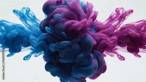 Two vibrant clouds of blue and purple ink swirling and merging in water