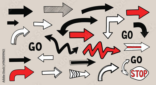 Hand drawn arrow signs with various shapes and directions including go and stop indicators are perfect graphic elements for website navigation and educational presentations.