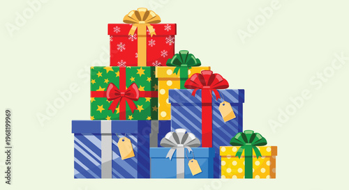 Colorful stack of holiday gift boxes adorned with ribbons and tags perfect for seasonal promotions festive celebrations and retail store advertising