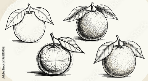 Collection of hand drawn citrus fruit compositions with varied shading techniques, perfect for packaging, botanical studies, food blogs, or graphic projects.