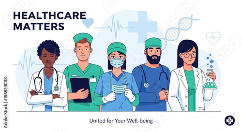 Diverse group of healthcare professionals standing united for well being and medical care services