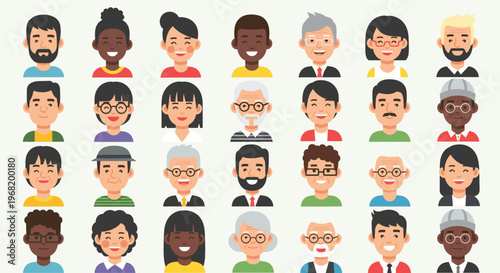 Diverse group of happy people avatar icons representing various ages, genders, and ethnicities smiling for user profiles, social media, and online identity applications.