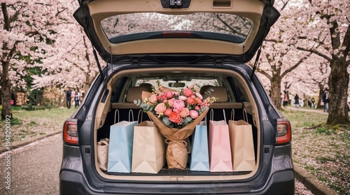 Open car trunk filled with pastel shopping bags and a large bouquet of pink flowers parked under cherry blossoms, spring shopping trip, romantic gesture, Mother's Day.