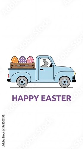Illustration of a cute bunny driving a blue vintage pickup truck filled with decorated eggs above Happy Easter text, spring delivery, festive greeting, Easter.