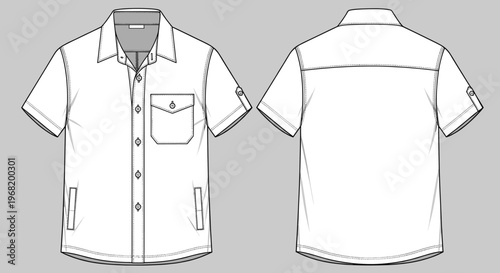 Menswear technical flat sketch of a short sleeve utility style collared shirt with chest pocket, front placket, rollup sleeve tabs, and lower welt pockets for apparel product development