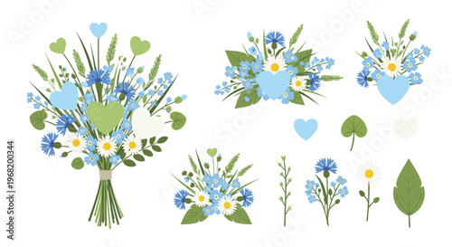Delicate wildflower bouquets and individual floral elements including cornflowers, daisies, and forgetmenots with heart accents, perfect for spring events, greeting announcements, and