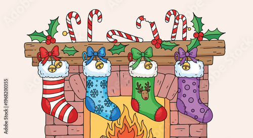 Festive Christmas stockings hanging on a cozy fireplace mantel adorned with holly and candy canes perfect for holiday greeting cards and winter season marketing campaigns