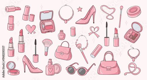 A comprehensive collection of charming feminine beauty essentials and accessories in various shades of pink, perfect for social media visuals or womens product packaging.