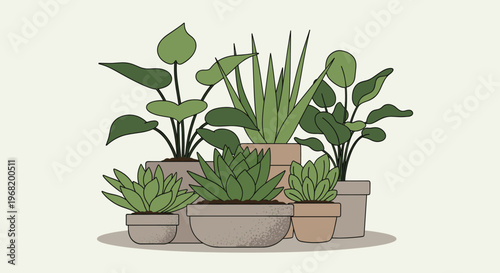 A variety of green potted houseplants including succulents and leafy plants arranged together creating a serene indoor garden scene for home decor or botanical themed presentations