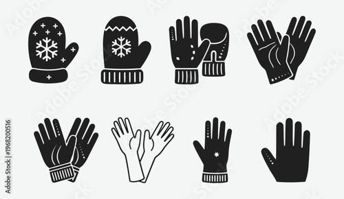 Variety of handwear black and white illustrations of winter gloves and mittens
